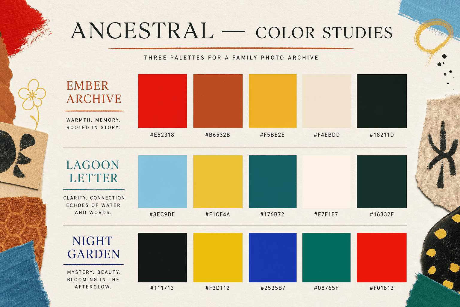 Ancestral color study board showing Ember Archive, Lagoon Letter, and Night Garden palettes with exact hex values