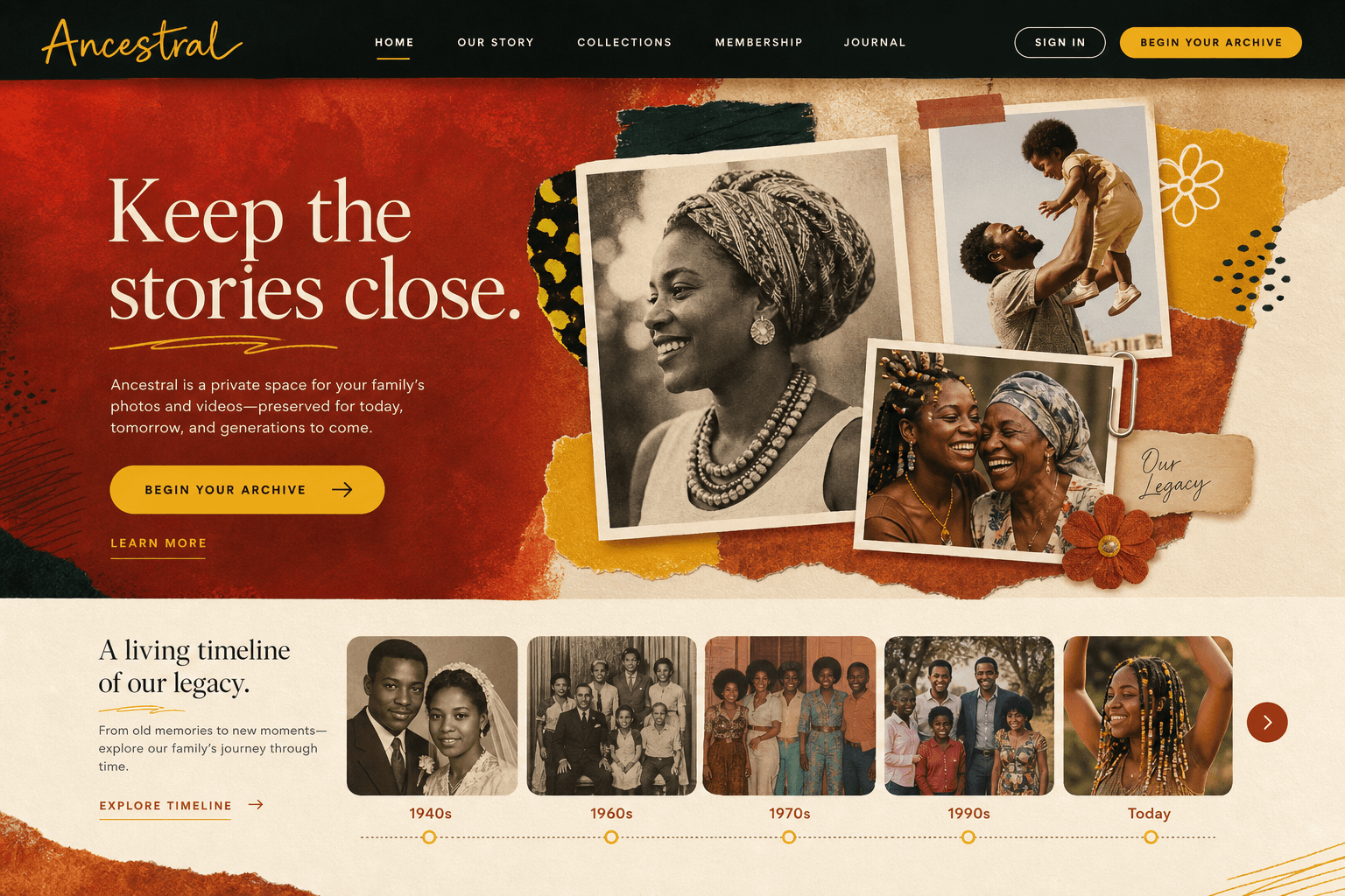 Ember Archive website concept with a red and ochre scrapbook-inspired family timeline