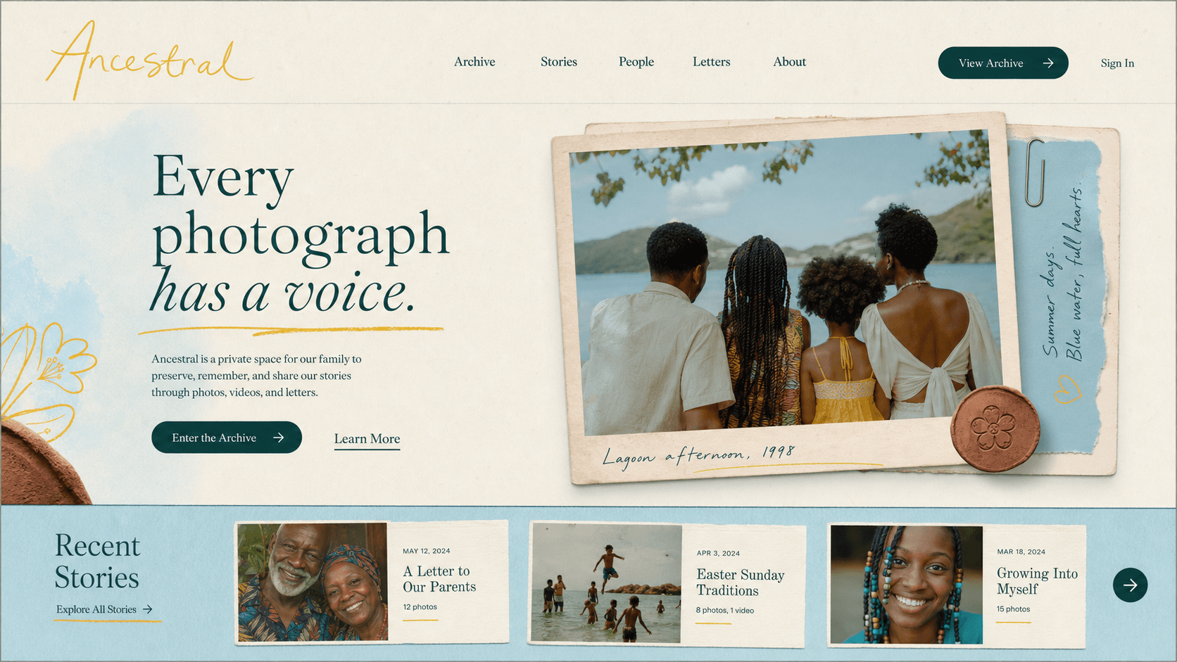 Lagoon Letter website concept with blue paper, handwritten annotations, and family story cards