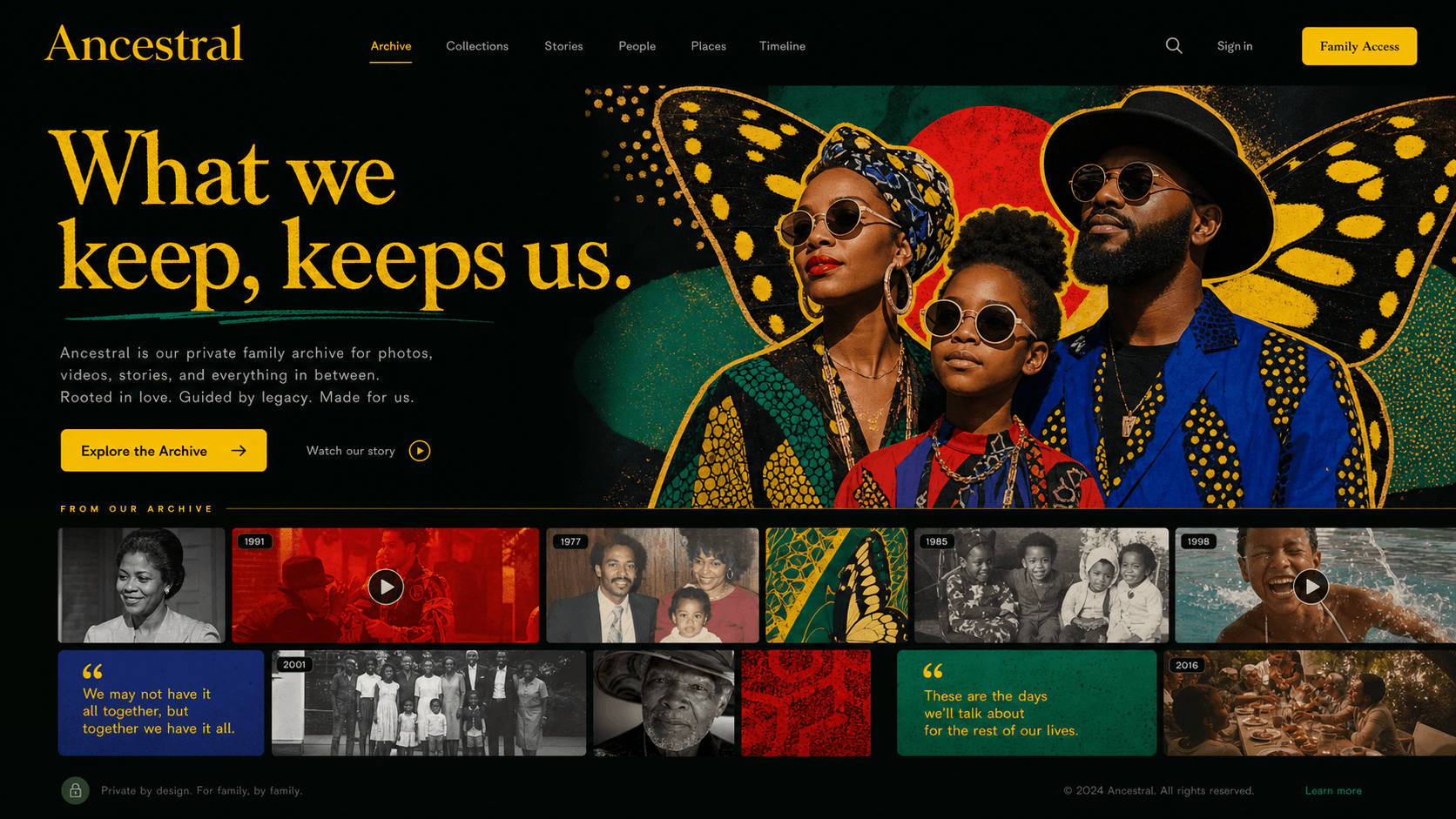 Night Garden website concept with a dark gallery, butterfly pattern, and saturated family portrait collage